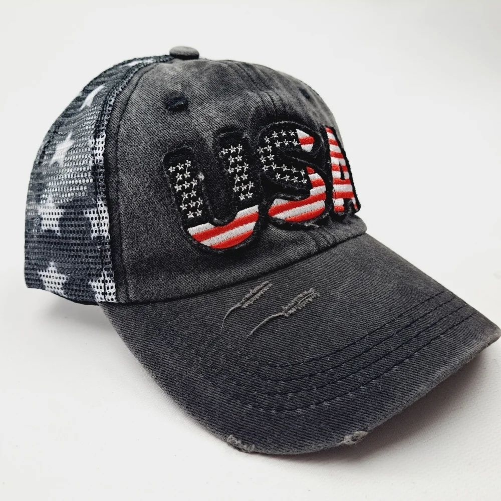 Patriotic USA Embroidered Patch Ponytail Hat Cap Mesh Net Stars Black
